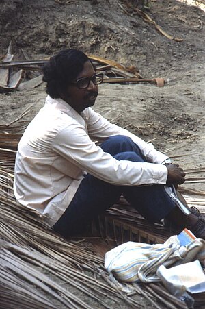 Purna Chandra Mishra, taking a break during fieldwork. Tikarapada, 1980.