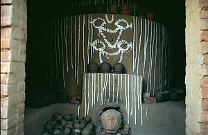 A kiln inside a potter’s workshop, cleaned and decorated for the celebration of Kurala Panchami. Tikarapada, 1980.